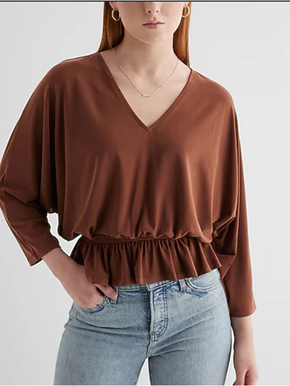 Express V-Neck Ruched Peplum Top in Chestnut Brown